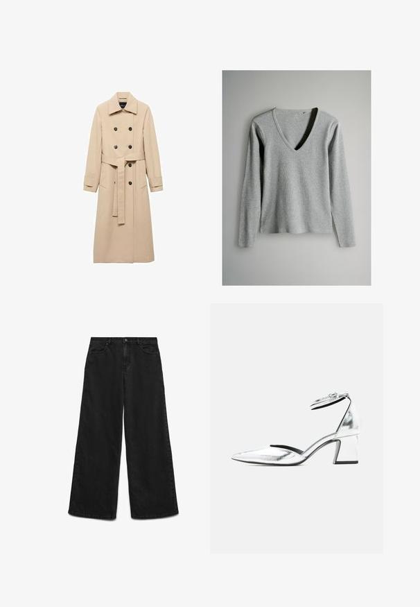 Beige trenchcoat lavet af glat stof, med dobbeltbrystet design, sorte knapper og et knyttet taljebælte. To sidelommer inkluderet.; Grå langærmet V-hals sweater, ribbet tekstur, letvægtsstof, lige kant, sideskårne slids ved hoften.; Sorte wide-leg jeans med frontknap og lynlåslukning, forlommer og synlige syninger på hvid baggrund.; Sølvmetallic sko med lav blokhæl, spids tå og ankelrem med spænde på hvid baggrund.