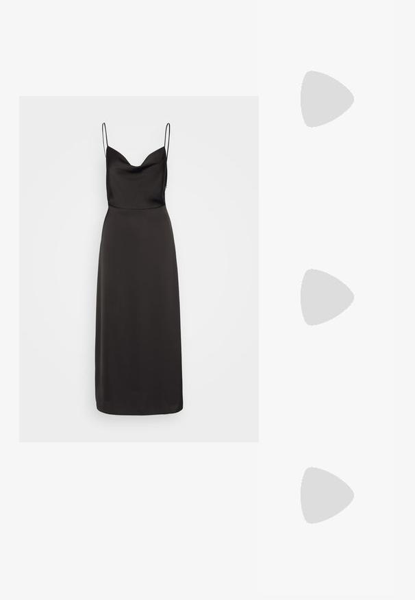 Vestido de satén negro con un cuerpo ajustado, escote ancho y tirantes finos. La falda fluye hasta los tobillos, con una textura suave.; Sandalia de tacón alto de cuero negro con una sola cinta sobre los dedos, cinta en el tobillo, herrajes dorados y un esbelto tacón de aguja.; Clutch de cuero negro con una textura suave, forma rectangular y detalles con borde en la parte delantera. Incluye una correa de cadena desmontable.; DIAMANT L'ÉTERNEL Collar - gold coloured