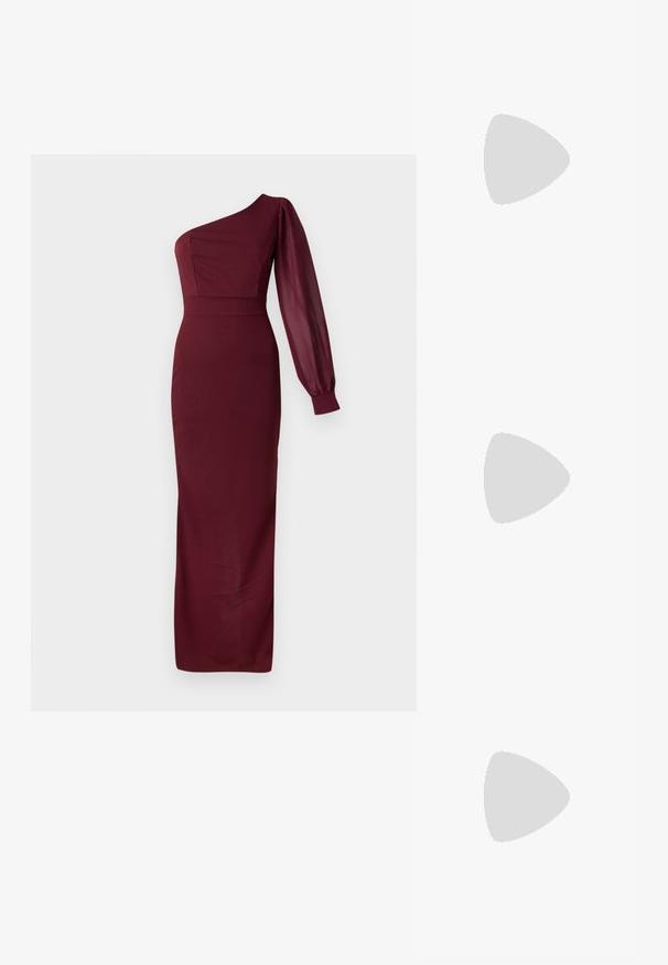 Vestido de noche burdeos con diseño de un solo hombro, que presenta un corsé ajustado y una larga manga de globo transparente. Textura suave, longitud hasta el suelo.; Woden WODEN - Tacones - cherry; Bolso de mano de piel sintética negra con una textura suave, forma redondeada y una resistente correa de cuero negro para el hombro. Acentos de herrajes plateados visibles.; Uncommon Matters SCULPTURAL LARGE CREOLE - Pendientes - silver-coloured