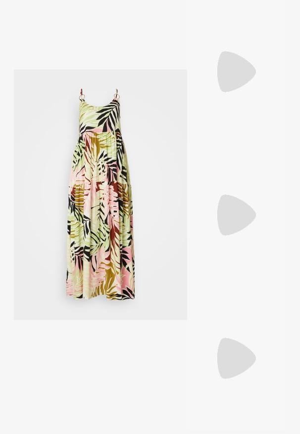 Maxikjole med en rund halsudskæring og tynde stropper, der har et flerfarvet tropisk bladmønster i grønne, pinke og brune nuancer.; Beige flip-flop sandal med en bred tåstrop og en tyk, rund sål. Har et glat overmateriale og en kontrasterende brun fodseng.; Brune skildpadde solbriller med en vintage katteøje-form og brune linser. Har buede arme med røde detaljer.; Hvid taske i faux læder med en struktureret trekantet form, enkelt justerbart skulderstrop og en flaplås med kurver.