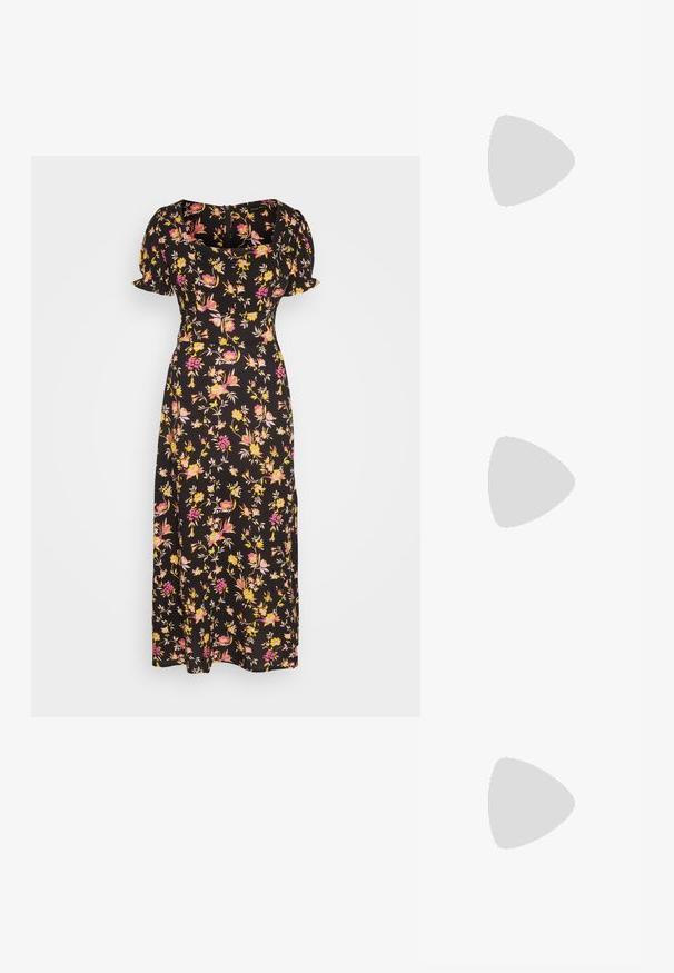 Sort blomsterkjole med korte pufærmer, prydet med gule og pink blomstermønstre, en firkantet udskæring og en lang, flydende silhuet.; Brune platform-sandaler med en vævet jute-base, brede krydsseler og en ankelrem med en guldbuckle. Glat lædertekstur.; Runde solbriller med brune gradientlinser, en tortoiseacetatramme og gyldne metalakcenter på broen og stængerne.; Brun faux læder skuldertaske med buet form, minimal syning og en guldtonet hardwaredetalje. Har en top lynlåslukning og justerbar rem.