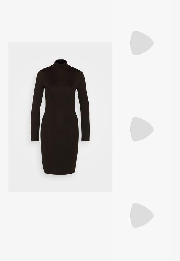 Robe noire à manches longues avec un col montant, texture lisse, design ajusté et ourlet au genou. Style simple et polyvalent.; Bottes noires montantes en cuir lisse avec un bout carré, un talon épais et une semelle en caoutchouc texturé. Présente un détail de logo discret.; Lunettes noires angulaires avec des verres gris ; fabriquées en plastique, avec des branches épaisses à la surface lisse et sans matériel visible.; Sac à main noir de forme arrondie, en matériau lisse. Équipé d'une poignée tressée et d'une fermeture éclair pour un rangement sécurisé.