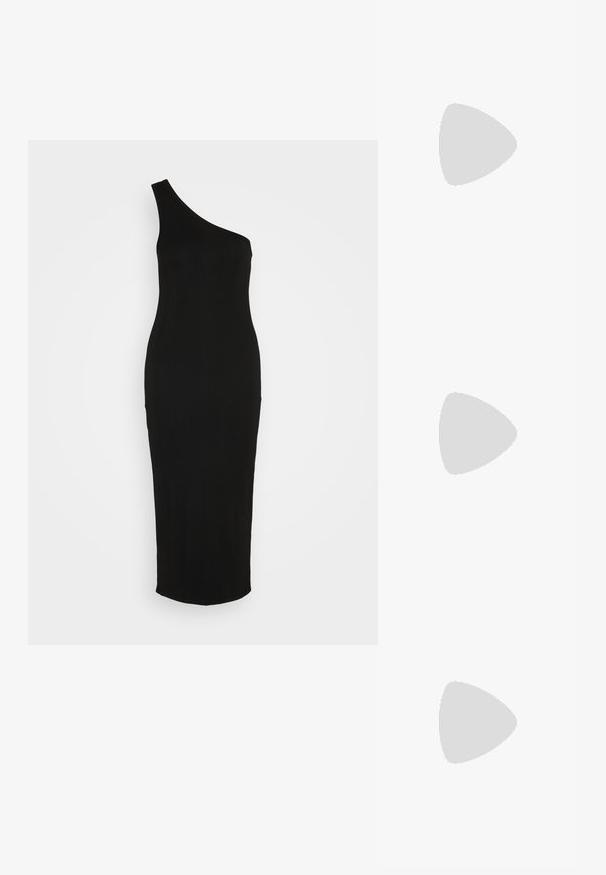 Sort ribbet midi kjole med asymmetrisk skulderdesign. Tætsiddende silhuet med en glat tekstur og uden synlige lukninger eller dekorative elementer.; Sorte ruskind højhælede sko med spids tå, ankelrem og stiletto hæl. Designet har en glat tekstur med minimal detaljer.; Sort håndtaske med vævet tekstur, gyldne hardware-accenter, en kort håndtag med links og en aftagelig kædestrop.; Guldøreringe med en struktureret overflade og små, rundede detaljer. Cirkulært design og stiftbaglukning.