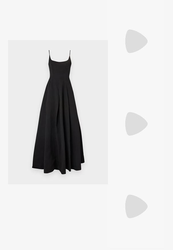 Robe noire sans manches avec un corsage ajusté et une jupe évasée. Fabriquée en tissu lisse, présentant une silhouette classique et un design minimaliste.; Mules à talon ouvert noirs avec une finition en cuir brillant, un talon bloc effilé et une sangle courbée lisse sur le coup de pied.; Sac à main en or métallisé avec logo embossé, double poignées, bandoulière amovible, fermeture éclair et finition texturée. Forme rectangulaire compacte.; Broche en métal en forme de "LOVE" ornée de cristaux clairs, avec une chaîne en argent pour l'attache, sur fond blanc.
