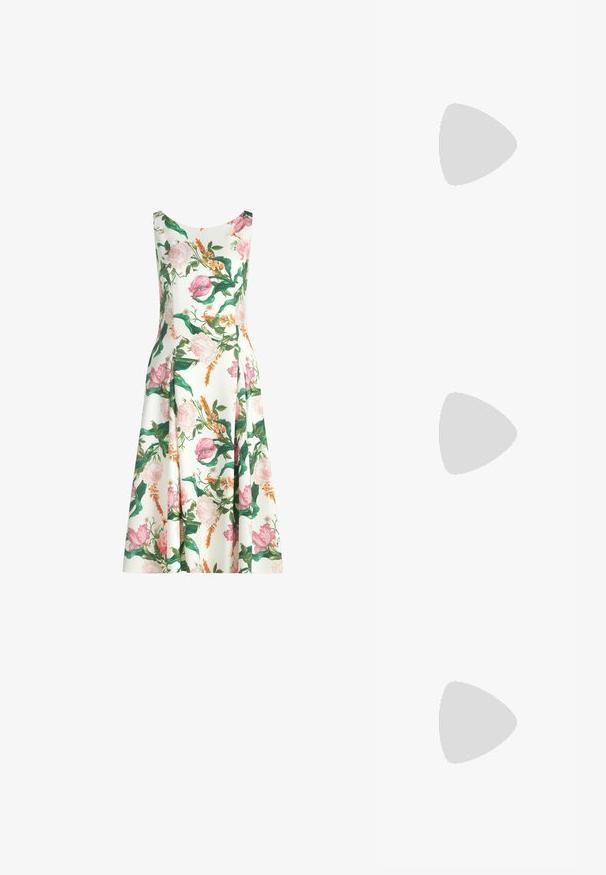 Robe midi blanche sans manches avec imprimé floral rose, orange et vert et jupe légèrement évasée.; Chaussure slingback en cuir verni blanc avec un bout pointu et un talon bloc géométrique. L'intérieur présente une semelle intérieure beige et des découpes latérales minimalistes.; Sac à main en cuir blanc avec un design structuré, poignée supérieure et quincaillerie argentée, présentant une fermeture à boucle et des détails de surpiqûre subtils.; Ceinture en cuir blanc avec boucle métallique dorée présentant un fermoir à tour rectangulaire, affichée sur fond blanc.