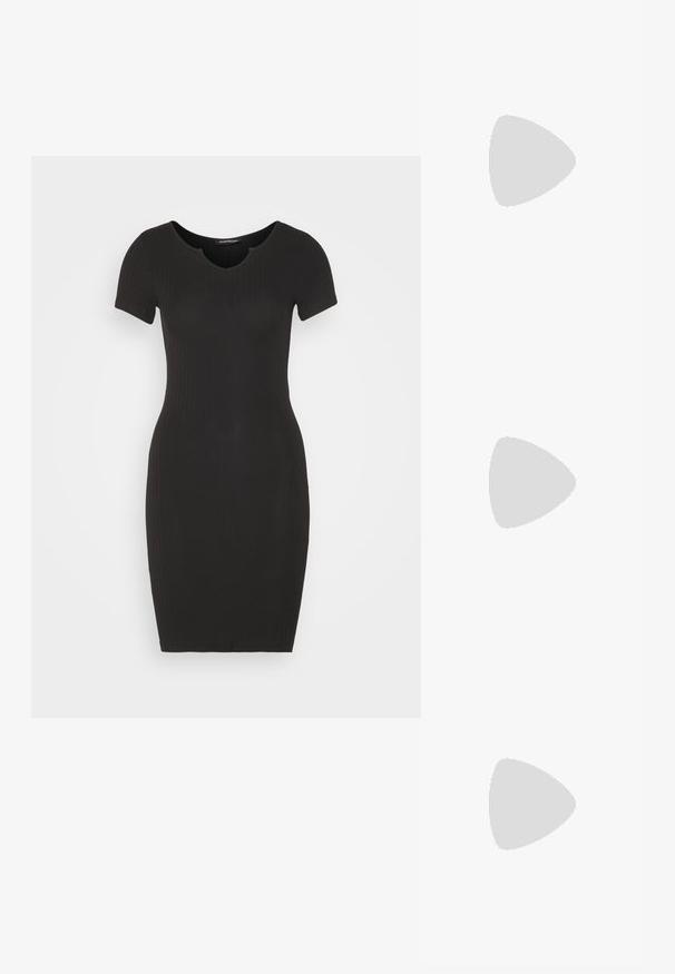 Even&Odd by Zalando Jerseykjole - black; Sorte knæhøje støvler med en glat læderoverflade, elastiske sidepaneler og en kraftig struktureret sål for godt greb.; Sorte cat-eye solbriller med mat finish, der har grå tonede linser, skarpe vinkler og slanke sidearme. Mærkenavnet er synligt på den indre arm.; Sort håndtaske med en netlignende overflade, vævet håndtag og dekorativ snøring. Indeholder aftagelig rem og kontrasterende metaldele.