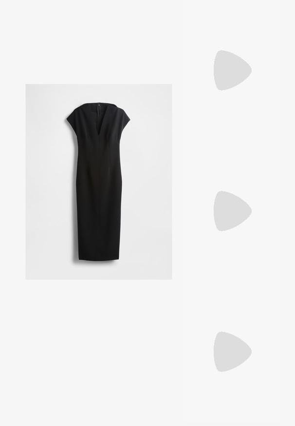 Sort kjole med kasketærmer, dyb V-hals og figursyet silhuet. Lavet af glat stof, med skjult lynlås bagpå og uden mønstre.; Anna Field Sandaler - black; Metallic grå clutch pung med struktureret mesh mønster, kuverter design, kæde rem og en slank, tynd håndledsrem.; Sølvmetal øreringe med et bølgende, skulpturelt design, der har en poleret overflade og uregelmæssige former, hvilket fremhæver en moderne æstetik.