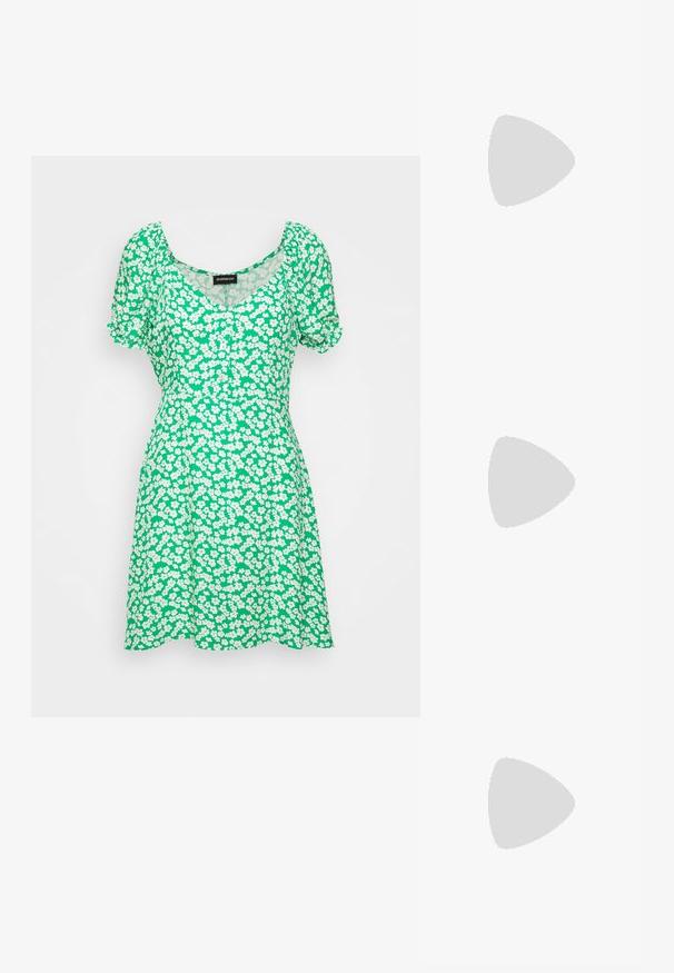 Even&Odd Petite by Zalando Blusenkleid - green/white; Weiße Leder-Sneaker mit einer klobigen Sohle, die über eine glatte Textur, ein minimalistisches Design, Seitenstreifen und ein kleines Logo-Detail verfügen.; Pink transparente Sonnenbrille mit ovalen Gläsern, dunkler roter Tönung und schlanken Bügeln, ausgestattet mit einer glatten Oberfläche und dezenten Details am Rahmen.; Silberfarbene Creolen mit einer glatten, runden Form und einer polierten Oberfläche. Beide Ohrringe haben die gleiche Größe und verfügen über einen sicheren Verschlussmechanismus.