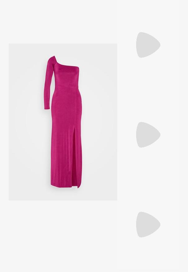 WAL G. ARRABELLA ONE SLEEVE MAXI - Jerseykjole - magenta; Sølv højhælede sandal med en snøredesign, glitrende materiale, rhinsten accenter og en slank ankelrem. Firkantet tå og poleret hæl.; Metallic sølv clutch taske med et kuvert-design, udsmykket med et struktureret mønster, der har en aftagelig kæde-strop.; Lange sølvøreringe med en række klare, facetterede krystaller i kaskadeformede strenge med varierende længder og former.