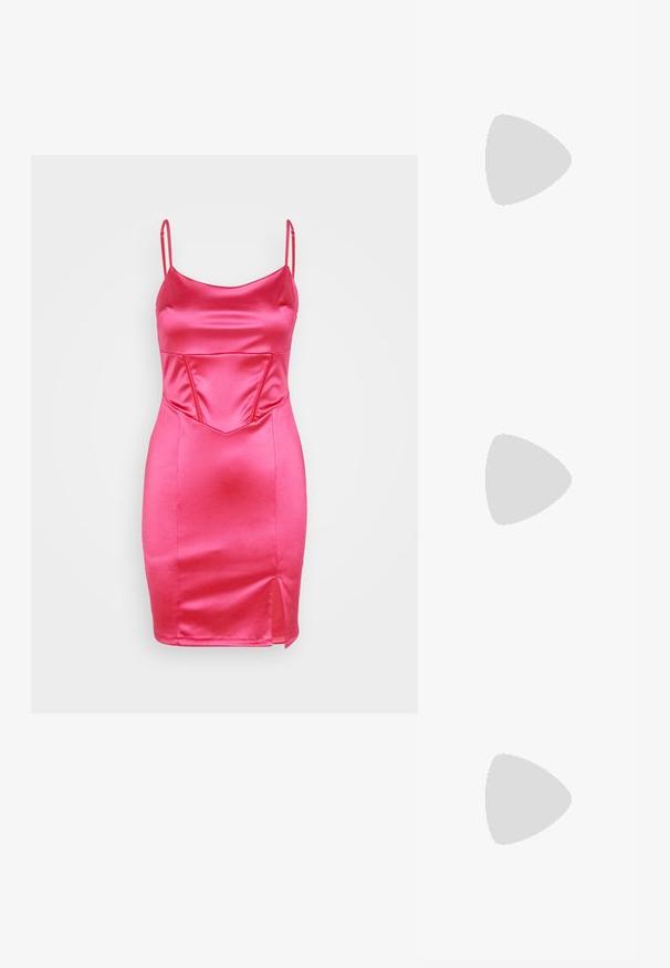 WAL G. CALEB CORSET MINI - Kokteilikleit/peokleit - fuchsia; Must mustakas nahkking kõrgendatud kontsaga king, millel on terav varvas, pahkluu rihm ja lai blokknokk stabiilsuse tagamiseks, silmapaistva läikiva tekstuuriga.; ALDO FELISIA - Käekott - silver-coloured; Hõbedased kõrvarõngad, millel on rippuvad kettid ning mitmed selged vääriskivid, paigutatud lineaarsesse mustrisse, andes sädeleva efekti.