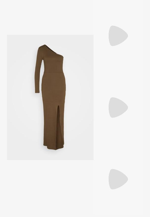 WAL G. PARTY ASH ONE SHOULDER MAXI - Jerseykjole - khaki green; Kazar AIFE - Overknees - dark brown; Gul plisseret håndtaske lavet af glat kunstlæder, med en blød form, en enkelt skulderrem og samlet topdesign.; Guldring med tekstureret, bølget design, der har tre fremtrædende toppe. Glat, skinnende overflade med en åben ring, der gør den justerbar.
