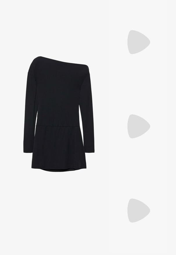 Schwarzes, langärmeliges Top mit asymmetrischem Ausschnitt, tailliert und mit ausgestelltem unteren Teil, fotografiert vor weißem Hintergrund.; Knöchelhohe schwarze Lederstiefel mit spitzem Schuhkopf, glatter Textur und einem stabilen, profilierten Blockabsatz. Schlankes Design mit minimalen Akzenten.; Cat-Eye-Sonnenbrille mit mattem schwarzen Rahmen und dunklen Gläsern, mit "Vogue"-Branding an der Seite und einer markanten, eckigen Form.; Schwarze Lederhandtasche mit strukturiertem Design, Obergriff, abnehmbarer Schulterriemen und Hardware in Goldtönen an einem Magnetverschluss.