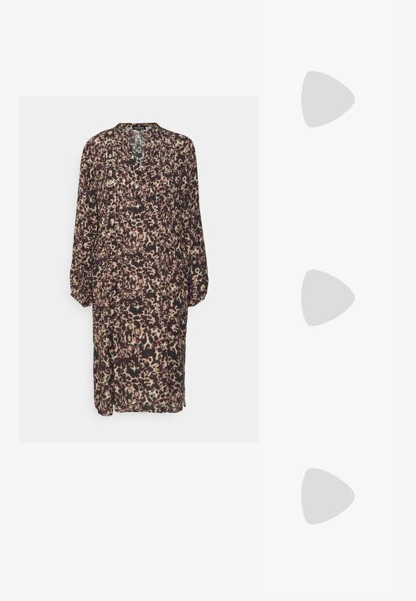 True Religion TUCKED LONGSLEEVE DRESS SQUARES  - Skjortekjole - brownish; Sorte læder loafers med en kraftig sål og guldhardware; har rund tå og syede detaljer langs overdelen.; Klare runde stelbriller med gennemsigtige plastlinser og sølvfarvede metalarme. Minimalistisk design med subtile detaljer ved hængslet.; Sort læderbælte med en guld metalspænde, flad tekstur og en enkelt ring; har en glat overflade og minimal design.