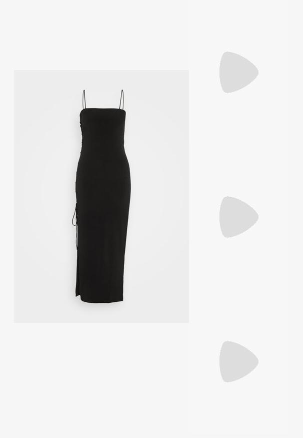 NA-KD SIDE DETAIL DRESS - Vestido ligero - black; Zapato de tacón alto de ante negro con punta afilada, textura suave y tacón de aguja delgado. Diseño clásico con una silueta elegante.; Bolso de mano de cuero negro con un diseño en forma de chevron, una cadena negra como asa y un cierre magnético. Forma compacta con una superficie texturizada.; Pendientes de aro en tono plateado con forma redonda y un acabado pulido. Ambos pendientes son del mismo tamaño y cuentan con un mecanismo de cierre seguro.