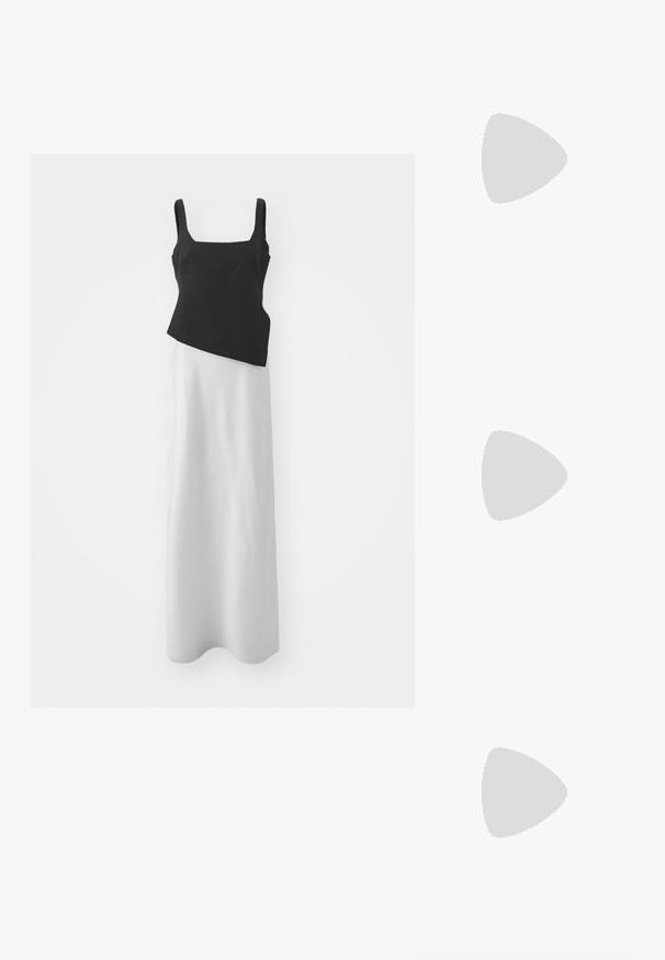 Bodice negro sin mangas con escote cuadrado combinado con una falda larga blanca, materiales contrastantes y diseño asimétrico. Textura suave.; Mules negros de cuero sin hebillas con punta afilada, textura recogida y un pequeño tacón de gato. Presentan un detalle de cordón en la abertura.; Clutch de cuero beige plisado con un marco de metal plateado, que cuenta con dos broches decorativos redondos y una correa de cadena plateada.; Pendientes de aro de oro con un diseño elegante y redondeado. Presentan un centro hueco y una superficie brillante, complementando estilos modernos.