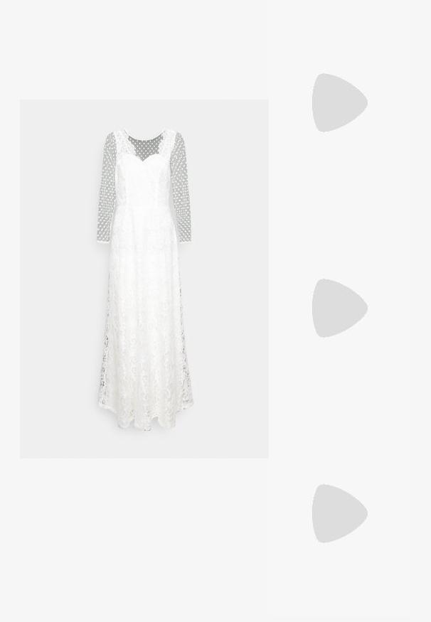 Ida Sjöstedt ELINE WEDDING GOWN - Oblečenie na špeciálnu príležitosť - ivory; Biele lodičky na vysokom opätku s špicatou špičkou, okrúhlym remienkom na členku a textúrovaným koženým povrchom. Má elegantný dizajn a tenký stiletto opätok.; Biela plisovaná kabelka s obľúbeným zlatým kruhovým úchopom, vyrobená z mäkkej tkaniny a zaobleného tvaru. Elegantný dizajn s textúrovaným povrchom.; Zlaté skrútené náušnice s hladkým povrchom, ktoré majú priehľadný podklad a zlatý hardware.