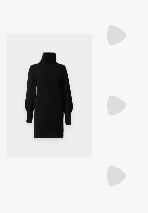 Robe pull tricotée noire avec un col roulé haut, des manches bouffantes longues et une coupe décontractée. Tissu texturé, couleur unie, design à longueur genoux.; Cuissardes noires en cuir lisse, avec un bout carré et un talon épais et texturé. Design simple et épuré.; Even&Odd Lunettes de soleil - black; Petit sac à main avec motif à carreaux argenté, poignée incurvée, grande fermeture à perle et une fine bandoulière en chaîne argentée sur un fond uni.
