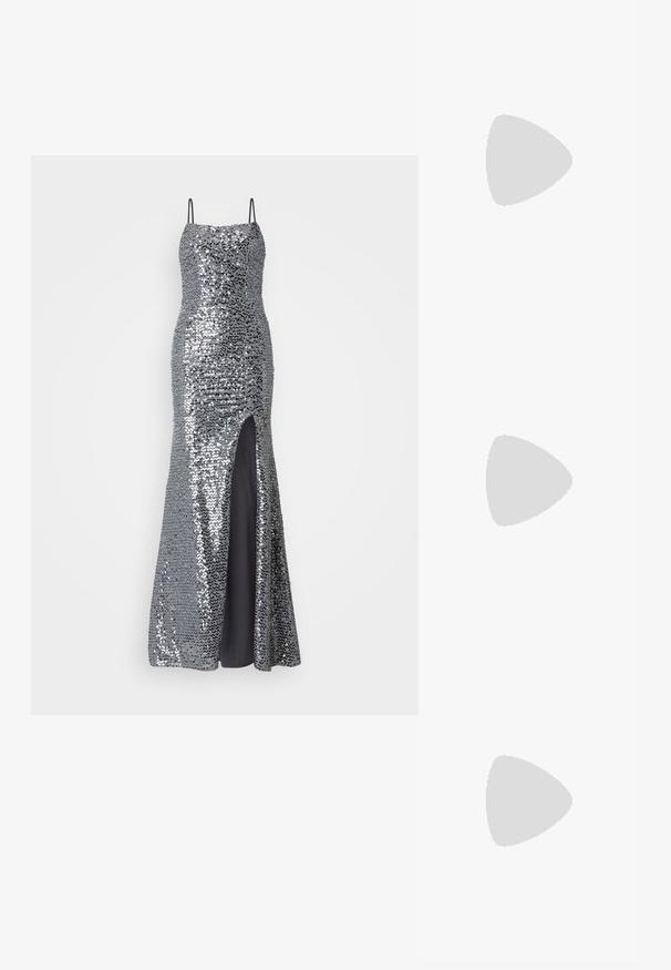 Vestido de noche plateado con lentejuelas, tirantes finos, corsé ajustado y abertura alta en el muslo. Forro negro suave por debajo.; Zapato de tacón alto plateado tipo slingback con punta afilada y acabado metalizado. Presenta un diseño elegante y acentos minimalistas en el tacón.; Bolso de mano plateado metálico con una superficie texturizada, forma triangular y flecos decorativos en la parte inferior. Incluye un asa circular.; Par de pendientes en tono plateado con cristales claros facetados agrupados en formas redondas y marquesas sobre fondo blanco.
