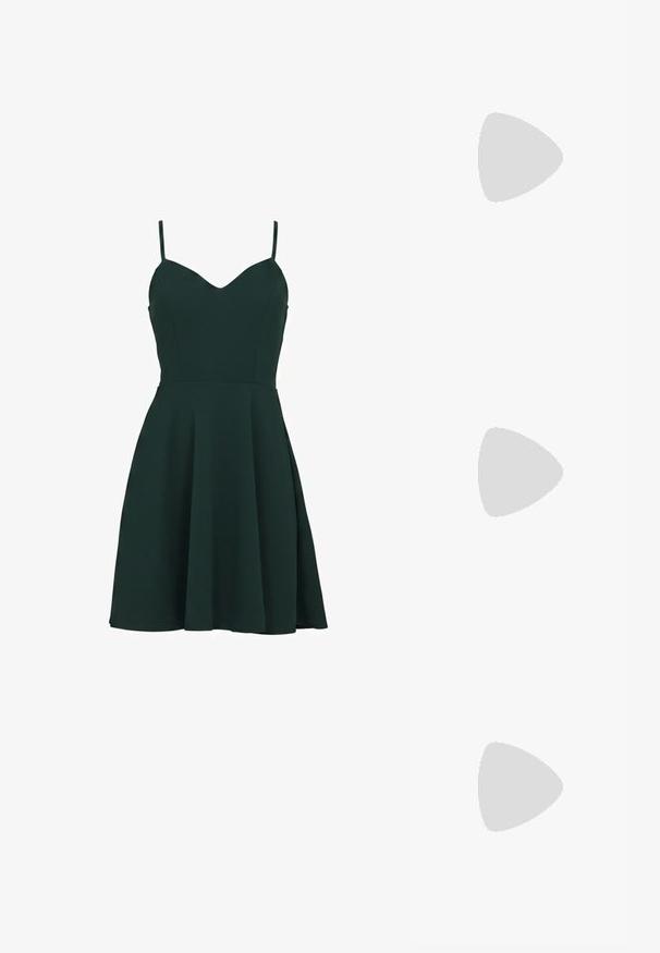 Robe sans manches vert foncé avec fines bretelles et corsage ajusté s’évasant en jupe évasée.; Escarpins en cuir verni noir avec bout pointu et talon bloc géométrique. Présente un design élégant et minimaliste ainsi qu'une texture lisse.; Sac à main en cuir noir avec deux anses allongées, fermeture éclair et forme arrondie ; texture lisse avec une finition légèrement brillante.; Boucles d'oreilles argentées en forme d'étoile, avec une surface lisse et brillante. Chaque boucle d'oreille possède cinq pointes et des détails subtils de texture de surface.