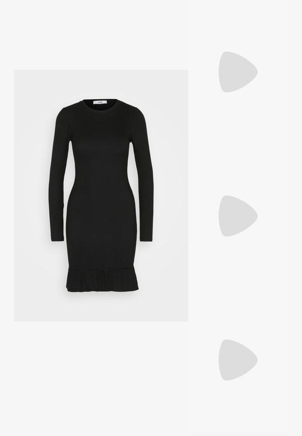 WAL G. JOSEFINA LONG SLEEVE MINI - Denné šaty - black; Čierne kožené kovbojské topánky s špicatou špičkou, zúženým stohovaným podpätkom a dekoratívnym prešívaním pozdĺž strán.; Čierna a strieborná kabelka s textúrovaným povrchom so vzorom diamantov, s uzlovou rukoväťou a štruktúrovaným tvarom.; Pár stredne veľkých lesklých strieborných kruhových náušníc s tenkými kovovými zapínaniami na svetlom neutrálnom pozadí.