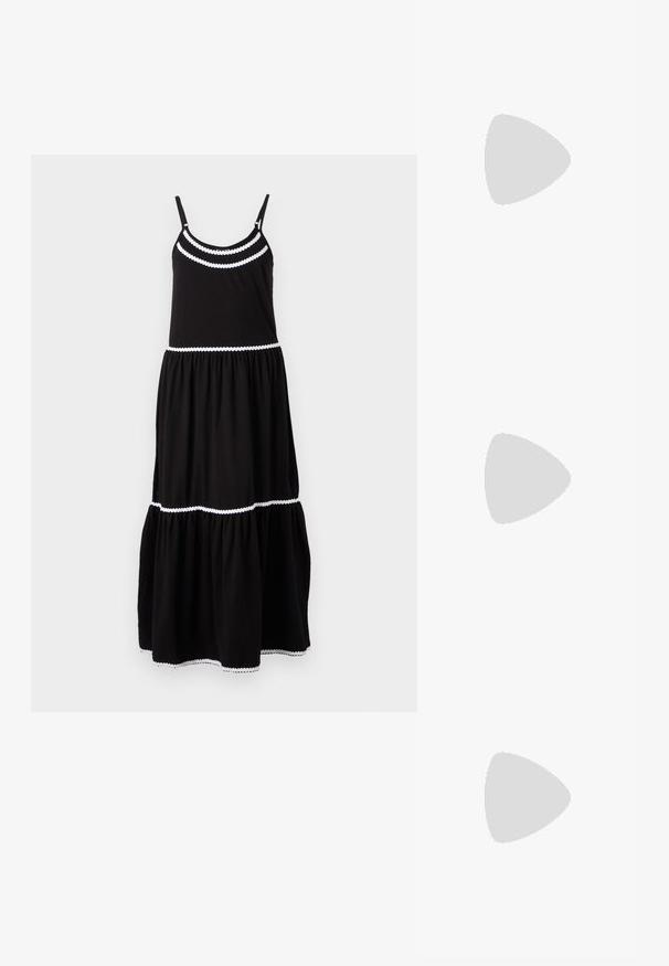 Zwarte katoenen maxi-jurk met verstelbare spaghettibandjes, witte golvende rand, gelaagd ontwerp en vloeiende rok. Geschikt voor casual wear.; Zwarte leren platform sandalen met een open teen ontwerp, enkelbandje en een stevige vierkante hak. Soepele textuur en minimalistische stijl.; Zwarte leren handtas met gouden gesp en klinknagel details, korte handvatten en een verstelbare schouderriem op een effen witte achtergrond.; Zilveren oorbellen in de vorm van een gladde, glanzende ring. Circulaire vorm, voorzien van een veilige sluiting. Eenvoudig en elegant ontwerp.