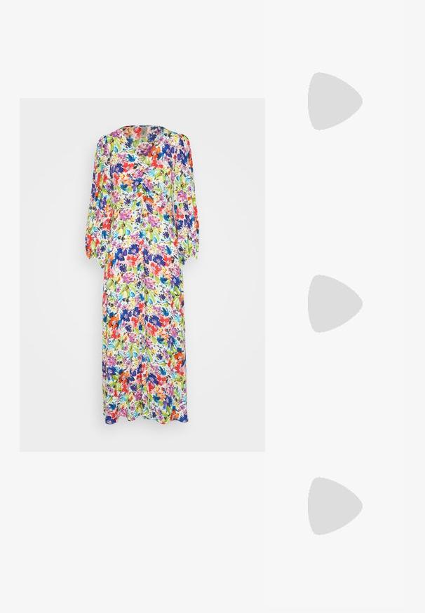 YAS YASBITTER LONG DRESS  - Maxikjoler - bright white/bitter; Beige slidesandaler med to justerbare stropper og guldfarvede spænder. Korksål med en struktureret hvid gummisål.; Lille cremehåndtaske med tekstureret overflade, en lang justerbar rem, en kædeaccent og flaplukning. Detaljer i guldhardware.; Pieces PCSUINA HOOP  - Øreringe - gold-coloured