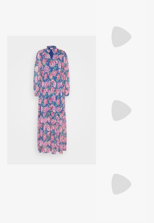 VILA VIURA DRESS - Μάξι φόρεμα - federal blue; Ανοιχτό μπεζ επίπεδες σανδάλια με διασταυρούμενες λωρίδες, λείο συνθετικό πάνω και καφέ επίπεδη καουτσούκ σόλα. Χωρίς διακοσμήσεις ή σχέδια.; Μικρή κρέμα τσάντα χεριού με υφή, μακριά ρυθμιζόμενη λουρί, αλυσίδα ως διακόσμηση και κλείσιμο με καπάκι. Χρυσές λεπτομέρειες.; Ασημένια σκουλαρίκια σε σχέδιο στροβιλιστού κρίκου, με υφή στην επιφάνεια και ραβδωτές λεπτομέρειες, ασφαλισμένα με κούμπωμα κοντάρι.