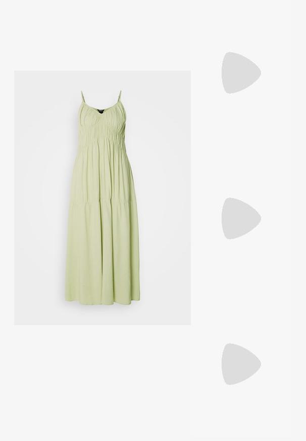 Lys grøn lang kjole med tynde stropper, samlet bodice og flydende nederdel. Fremstillet af blødt stof med en glat tekstur.; Beige espadrille platform sandaler med vævet tekstiloverdel, krydsede stropper, ankelspænde og struktureret jute-indpakket sål.; Brune tonede solbriller med et skildpadde-mønster, vinklede stel og slanke arme. Letvægts plastmateriale.; Brun ruskinds tote bag med to lange håndtag, snøre lukning og glat tekstur. Har et enkelt design og minimale accenter.