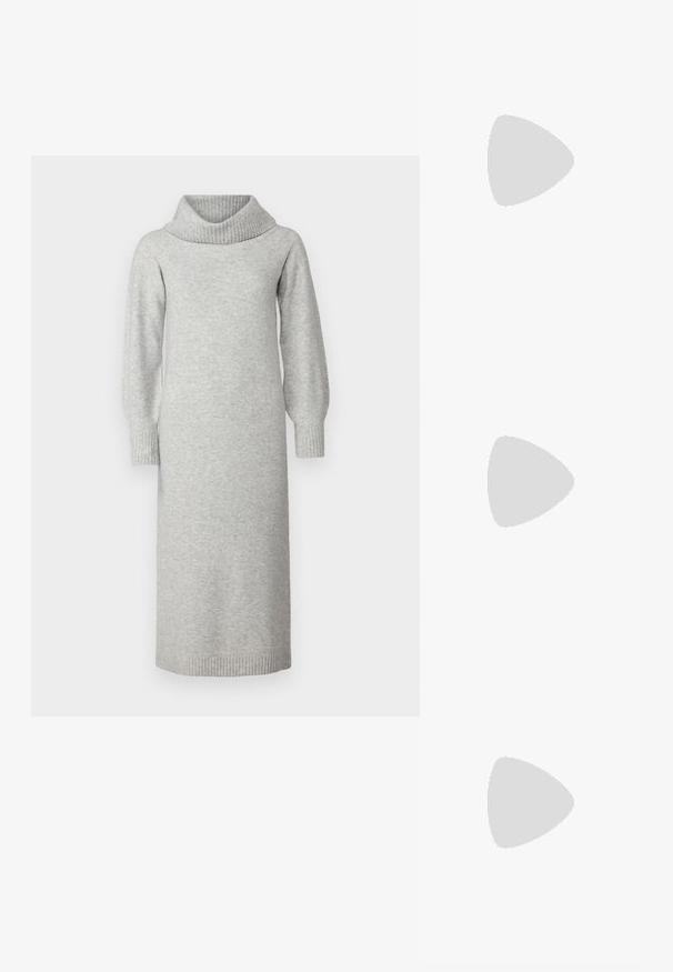 Hallide halli kootud kleit, millel on kaelus, pikad puhv sleeves ja soonikust mansetid ning allserv. Kangas paistab pehme ja tekstuuriga.; Musta pika varrukaga topp, heledast hallist volangseelik, millel on topelt-luku detailid, ja mustad paksu tallaga saapad; hõbe käekott, millel on kaunistused.; Must ristkülikukujuline õlakott ühe reguleeritava rihmaga ja ülemise tõmblukuga, ühtlase taustaga.; Keskmise suurusega läikivad hõbedased rõngakujulised kõrvarõngad õhukeste metallist kinnitustega heledal neutraalsel taustal.
