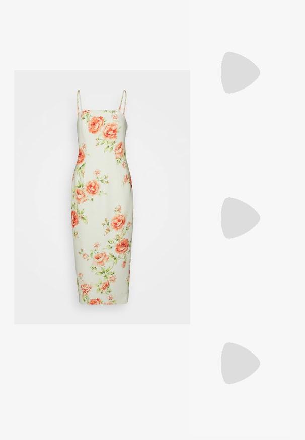 Forever New TIANA STRAPLESS MIDI - Cocktailkjole / festkjole - multi-coloured; Beige højhælede sandaler med en knyttet frontdesign, justerbar ankelrem og en solid blokhæls, lavet af glat læder.; Hvid rektangulær clutch med tekstureret overflade, guldfarvet metalramme og lås. Simpelt design uden synlige mønstre eller dekorationer.; Guld dråbeøreringe med store hvide ovale perler, der hænger fra en poleret rektangulær guldstift.