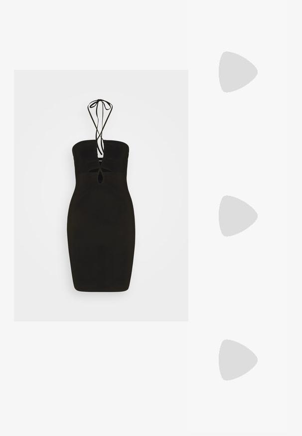 Even&Odd by Zalando Vestido ligero - black; Zapato de tacón alto de charol negro con punta afilada, correa en el tobillo y ancho tacón bloque para mayor estabilidad, con una textura suave y brillante.; Bolso de mano negro y plateado con una superficie texturizada que presenta un patrón de diamante, un asa anudada y una forma estructurada.; Pendientes de aro de plata con un diseño retorcido, que presentan una superficie texturizada y un cierre seguro. Ligeros y reflectantes con un acabado elegante.