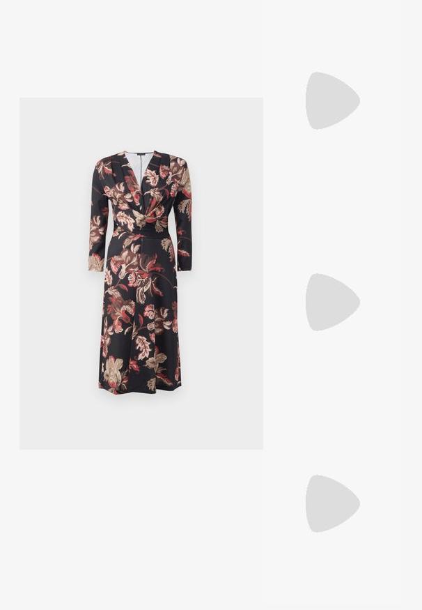 Robe à motifs floraux avec un fond sombre, des manches longues et un décolleté en V profond, présentant un détail en torsion à l'avant et une longueur mi-mollet.; Sandale noire à talons avec une large lanière et une lanière de cheville, dotée d'une texture mate et d'un talon bloc. Logo de la marque visible sur la semelle intérieure.; Anna Field by Zalando Lunettes de soleil - black; Sac à main en cuir noir avec une forme courbée, surface texturée, coutures avant et un logo doré. Il est doté d'une seule sangle ajustable.