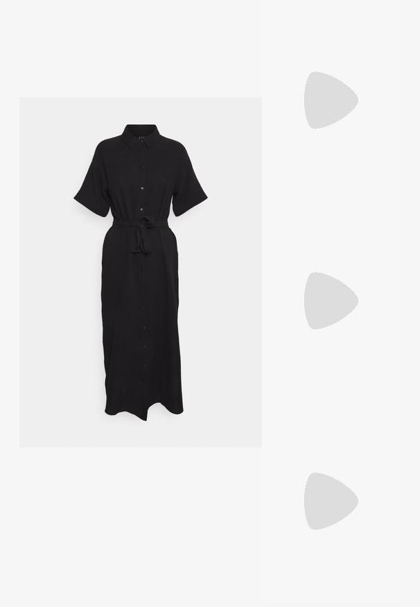 Vero Moda VMNATALI NIA 2/4 CALF  WVN - Skjortekjole - black; Sorte læder loafers med en kraftig sål og guldhardware; har rund tå og syede detaljer langs overdelen.; Sort tekstureret lædertaske med to lange skulderremme, rektangulær form og åben top.; Sorte læderbælte med to gyldne cirkulære ringe som spænde, glat tekstur og minimalistisk design. Justerbar længde.