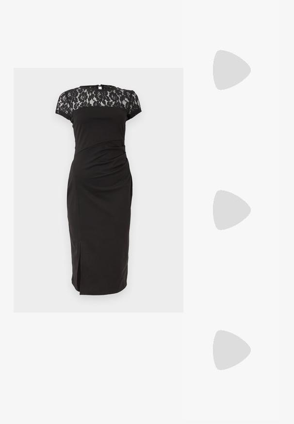 Zwart knielang jurkje met kanten korte mouwen en inzetstuk, getailleerde taille en een kleine voorzijde split.; Zwarte leren midi-jurk met een gladde textuur; heeft een tailleband en zijzakken. Gepaarde met glanzende zwarte hakken.; Lichtblauwe denim schoudertas met een ronde vorm, verstelbare schouderband en subtiele stiksels langs de onderrand. Zachte textuur.; Zilverkleurige oorknoppen met een golvend, getextureerd ontwerp, gevormd als overlappende maanschijven; de gepolijste afwerking versterkt de reflecterende kwaliteiten.