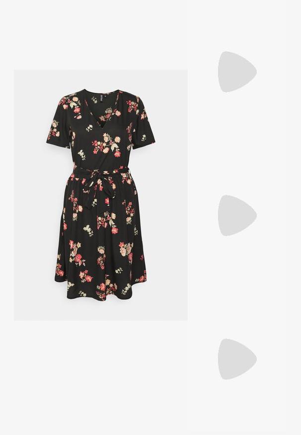 PIECES Tall PCLILIANA V NECK DRESS - Φόρεμα ημέρας - black; Μαυρές πλατφόρμες σανδάλια με επενδεδυμένες λωρίδες, ανοιχτό μπροστινό μέρος και ρυθμιζόμενο λουρί στον αστράγαλο. Υφή καουτσούκ σόλας με μοτίβο ζιγκ ζαγκ για καλύτερη πρόσφυση.; Μαύρα γυαλιά ηλίου cat-eye με σκούρους γκρίζους φακούς, κομψό πλαστικό σκελετό, μυτερές γωνίες και ίσιους βραχίονες. Χωρίς ορατό υλικό ή διακοσμητικά στοιχεία.; Χρυσά κρίκοι σκουλαρίκια με ομαλό, στρογγυλό σχήμα και γυαλιστερή φινέτσα. Διαθέτουν πορτοκαλί λεπτομέρειες στο πίσω μέρος για ασφαλή στερέωση.