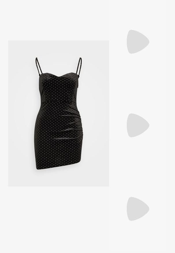 Even&Odd Petite by Zalando Cocktailkleid/festliches Kleid - black/silver; Schwarze Leder-Pumps mit hohen Absätzen, spitzer Zehenform und glatter Oberfläche. Verfügt über eine elegante Silhouette und einen Stiletto-Absatz.; ALDO FELISIA - Handtasche - silver-coloured; Lange silberne Ohrringe mit einer Vielzahl von klaren, facettierten Kristallen in kaskadierenden Strängen unterschiedlicher Längen und Formen.