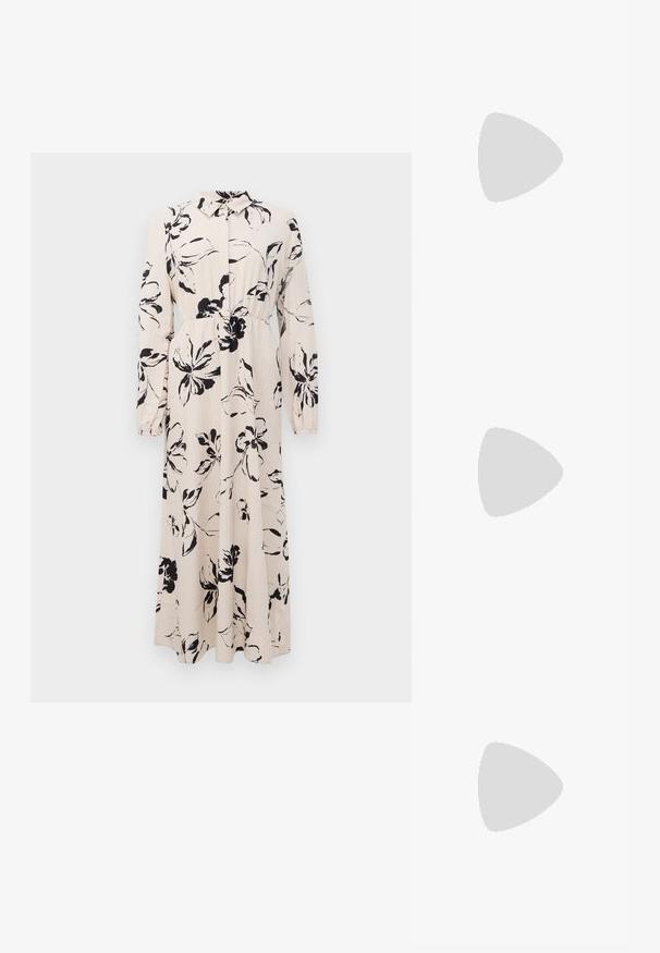 Lang beige kjole med sort blomstret tryk, lange ærmer, samlet talje og krave med knaplukning foran.; Sorte læder mules med blokhæl og åben tå, med en glat overflade og let buet overdelsdesign for komfort og stil.; Bordeaux håndtaske lavet af glansfuldt materiale, rektangulær form, med to skulderremme og subtile buede detaljer på forsiden.; Par sølvspiral øreringe med glat, afrundet design på en ensartet hvid baggrund.