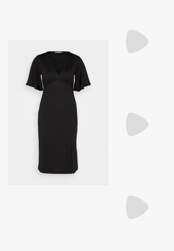 Anna Field Trikotaažkleit - black; Mustad satiin kõrge kontsaga kingad terava ninaga, dekoratiivse rhinestone pandlaga ja õhukeste pahkluu rihmadega.; Must mustra klamber mustra mustra kulla mustra osa koos kuldse kettiga. Omab struktureeritud ümbriku disaini, millel on diagonaalne kuldne aktsent lukustuse juures.; Kuldsetest metallist kõrvarõngad lainelise disainiga; sile, peegeldav pind; asümmeetriline kuju; nähtavad mustrid või kinnitused puuduvad.