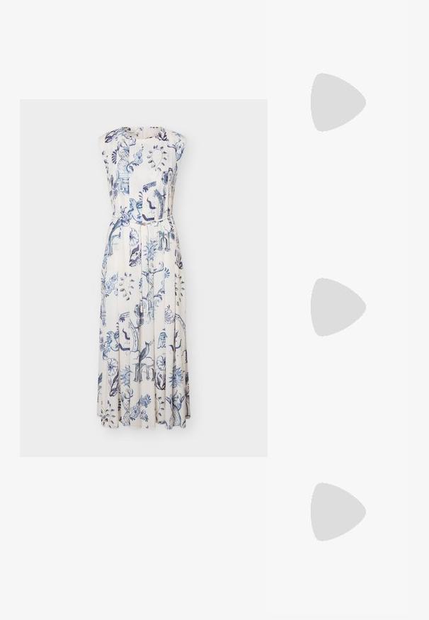 Ærmeløs hvid midi-kjole med blå blomster- og abstrakt mønster, rund halsudskæring og et stofbælte i taljen.; Hvide slingback hæle med spids tå, glat overmateriale, lav blokhæl og sideudskæringsdesign med justerbar spænderem.; Hobo-taske i cremefarvet læder med en enkelt skulderrem, glat tekstur og et guldfarvet spænde foran.; Sølv hoop ørestik med en poleret overflade, prydet med små guld accenter og en rund form, båret på øreflippen.
