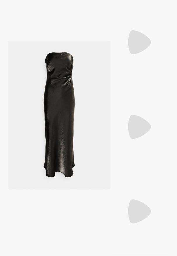 Forever New Petite ASHTON STRAPLESS DRESS - Iltapuku - gunmetal; Korkokenkäsandaalit, joissa on monivärinen, teksturoitu käärmeennahkakuosi. Varustettu säädettävillä nilkkahihnoilla ja teräväkärkisellä muotoilulla.; Kultaista paljettikangasta oleva nyöriolkalaukku, jossa on pyöreä kahva, kiiltävät pyöreät paljetit ja teksturoitu kangas. Mittoja ei ole ilmoitettu.; Kultaiset korvakorut, jotka on suunniteltu putoaviksi lehdiksi, esittävät yksityiskohtaisia lehtikuvioita ja kiiltävän metallipinnan. Kevyet ja herkälle rakenteelle.