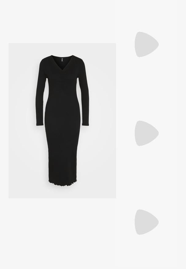 Pieces PCCAMMA V NECK LONG DRESS - Vestido de tubo - black; Zapatos de charol negros con una suela de plataforma gruesa y cordones gruesos. Punta redondeada, detalles mínimos y una pequeña lengüeta en la parte trasera.; Bolso de mano negro y plateado con una superficie texturizada que presenta un patrón de diamante, un asa anudada y una forma estructurada.; Pendientes colgantes de cristal con herrajes en tono plateado, que presentan un stud cuadrado y filas en cascada de cristales rectangulares y octogonales.