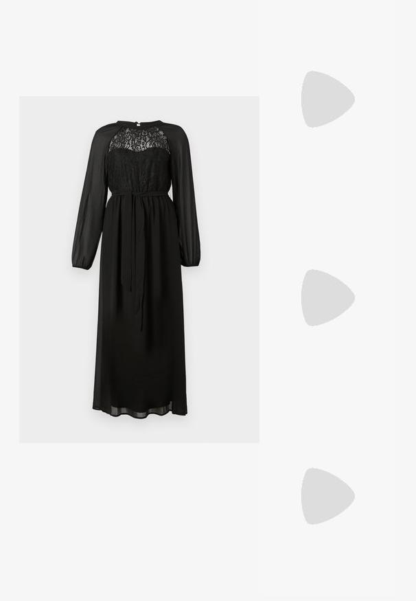 Vestido maxi negro de manga larga con corsé de encaje, mangas transparentes y cinturón atado en la cintura sobre un fondo liso.; Zapato de tacón alto de ante negro con punta afilada, textura suave y tacón de aguja delgado. Diseño clásico con una silueta elegante.; Pequeño bolso negro brillante con dos asas largas y detalles de cordón lateral sobre un fondo claro liso.; Pendientes de aro plateados con un diseño minimalista. Forma circular, textura suave y perfil delgado. Livianos con un acabado pulido.