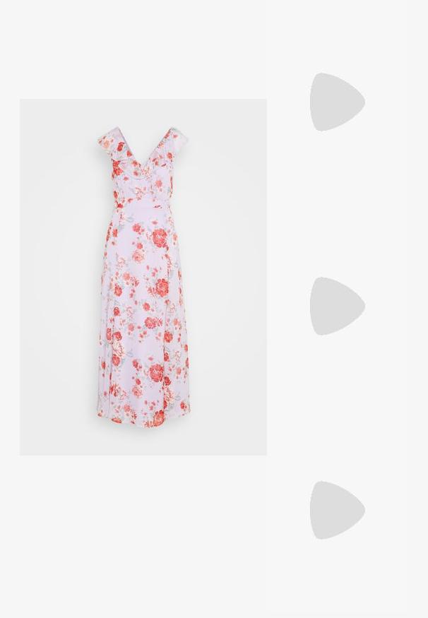 VILA VIRILLA V NECK FRILL ANKLE DRESS - Maksikleit - pastel lilac; Roosa kõrge kontsaga sandaal, millel on liblikamotiivid, valmistatud siledast materjalist. Omab peeneid rihmasid ja sale konts.; Valge volditud klamberkott, millel on silmapaistev lipsu detail ja kuldne ketstrap. Pehme tekstuur ja kogutud disain ees.; Kuldtooniga kõrvarõngad, millel on lilleline disain ja pärliläikega aktsendid, koos suurema pärlipoolusega. Kaunistatud väikeste, selgete kristallidega.