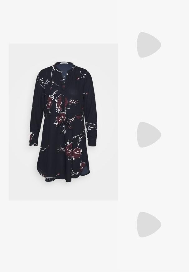 ONLY ONLCORY LIFE NOOS - Vestido camisero - dark blue; Sandalias de cuero negras con diseño de tiras cruzadas, hebilla ajustable y suela texturizada con estrías para un mejor agarre.; Bolso bandolera de faux cuero negro con textura de cocodrilo, herrajes dorados y una correa desmontable. Cuenta con un cierre de solapa y un compartimento interior.; Pendientes de aro de oro con un diseño suave y redondeado y un acabado brillante. Construcción ligera con un cierre de broche seguro.