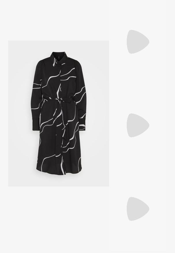 Vero Moda VMLYDIA SHIRT DRESS - Robe chemise - black; Botte en cuir noir à hauteur de genou avec un bout pointu et un talon bloc haut. Texture lisse avec un design minimaliste et sans matériel visible.; Sac à main en cuir noir de forme triangulaire, avec un rabat incliné et une poignée supérieure arrondie. Il présente une texture lisse et des détails de design minimalistes.; Boucles d'oreilles en forme abstraite argentées avec une finition poli, présentant des courbes lisses et des contours subtils. Pas de motifs ou d'accents visibles.