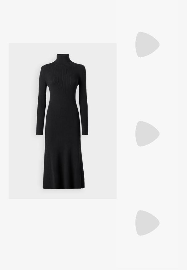 VILA Maxi Knitted - Strikkjoler - black; Sorte læder knæhøje støvler med kilehæle, der har en glat tekstur og en lynlås i siden. Designet med en strømlinet, tætsiddende silhuet.; Sorte cat-eye solbriller med mat finish, der har grå tonede linser, skarpe vinkler og slanke sidearme. Mærkenavnet er synligt på den indre arm.; Sort læderbælte med en rektangulær spænde i guldfarve med afrundede kanter, glat tekstur og et stilrent design.