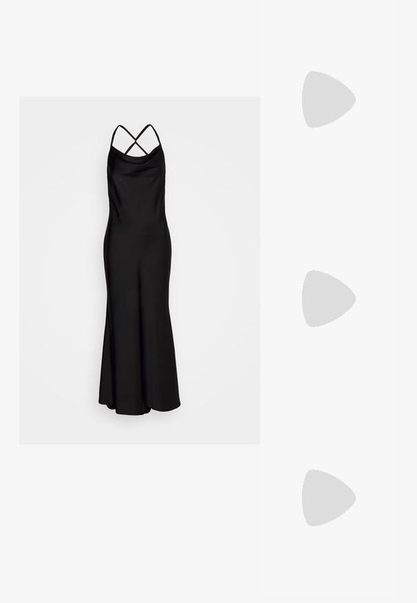 Jarlo BIBI - Vestido de fiesta - black; Sandalia negra de tacón alto con punta abierta, tira en el tobillo, material de cuero brillante, base de plataforma y tacón stilettos. Detalle de hardware dorado.; Clutch de terciopelo negro con herrajes en tono dorado, de forma rectangular y con correa de cadena, que presenta una textura suave y sin patrones visibles.; Pendientes en forma de lágrima con un marco dorado y acentos plateados, adornados con múltiples piedras redondas brillantes en una disposición decorativa.