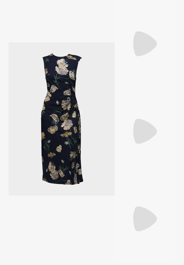 Ærmeløs, figursyet midikjole i mørkeblå med gult og grønt blomsterprint, sideslids detalje og rund halsudskæring.; Slingback højhælede sko i blank, mørkebrun patentlæder, spids tå, udskårne sider og en firkantet blokhæl.; Brun læderhåndtaske med top håndtag og rundt guldlås med drejelås på frontklappen, sat mod en hvid baggrund.; Brune læderhandsker med en glat tekstur, prydet med ribbede beige strikkede manchetter. Stilfuld syning og en spids fingerdesign.