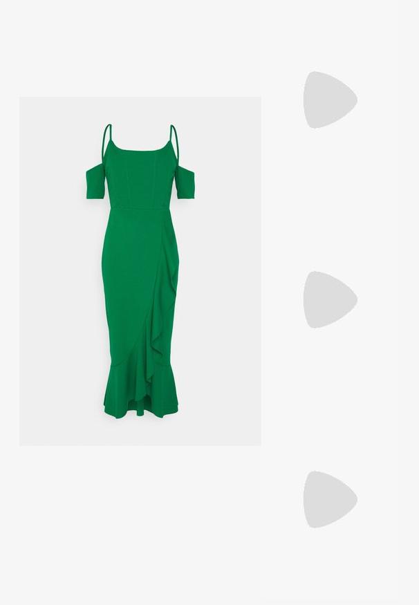 WAL G. SASKIA STRAPPY MIDI - Koktailové šaty/večierkové šaty - leaf green; Sandal s vysokým podpätkom s viacfarebným, textúrovaným hadím vzorom. Obsahuje nastaviteľné členkové remienky a špicatý dizajn špičky.; Čierna a strieborná kabelka s textúrovaným povrchom so vzorom diamantov, s uzlovou rukoväťou a štruktúrovaným tvarom.; Zlaté kruhové náušnice s hladkým, zaobleným tvarom a lesklým povrchom. Majú oranžové akcenty na zadnej strane pre bezpečné zapínanie.
