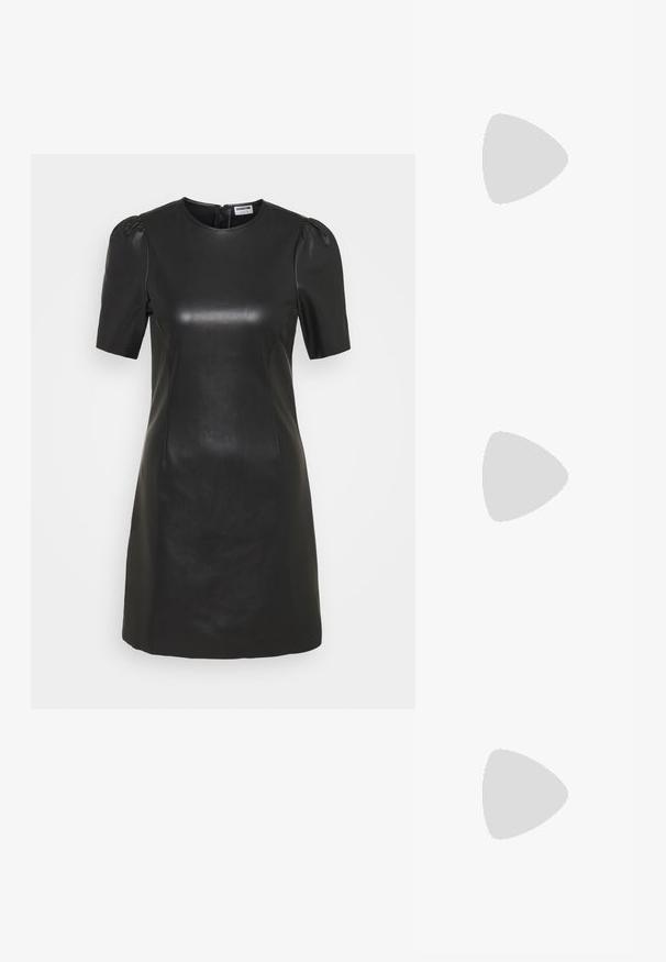Schwarzes Lederkleid mit kurzen Puffärmeln, rundem Ausschnitt und figurbetonter Silhouette. Mit Reißverschluss auf der Rückseite und glatter Textur.; RAID BLICK - Stiefel - black; Schwarze Lederhandtasche mit dreieckiger Form, schrägem Klappdeckel und rundem Oberhandgriff. Verfügt über eine glatte Textur und minimalistische Designdetails.; Silberne Creolen mit minimalistischem Design. Rundform, glatte Oberfläche und dünnes Profil. Leichtgewichtig mit hochglänzender Oberfläche.